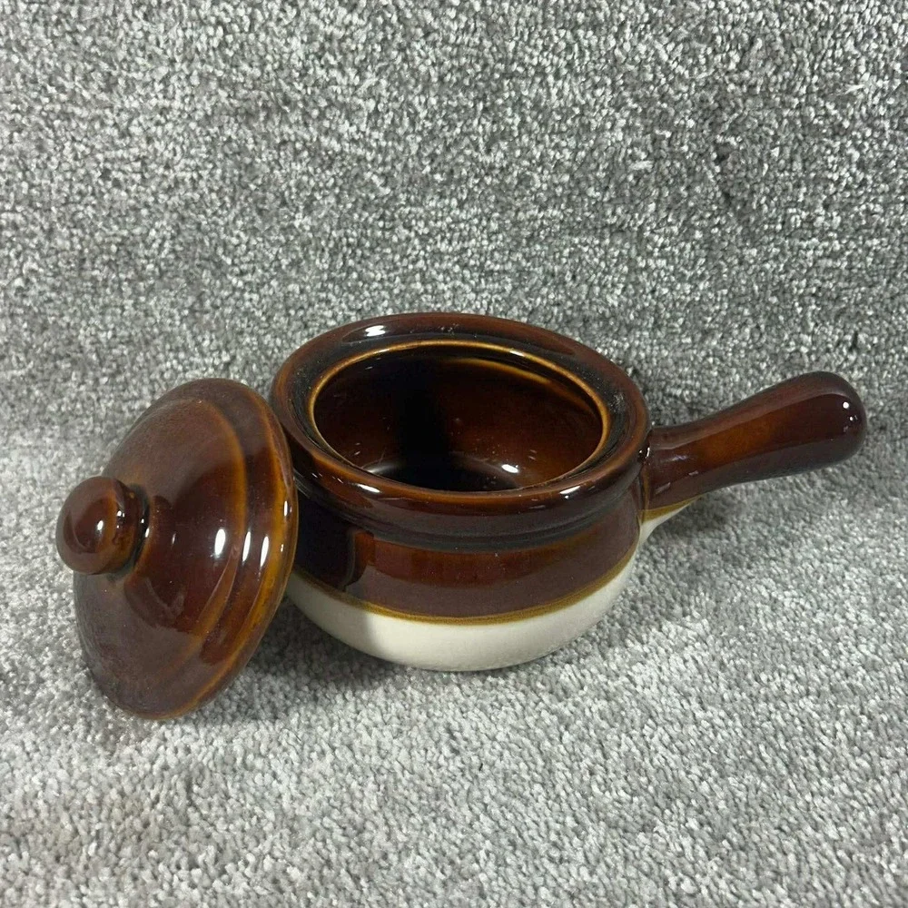 French Onion Soup Bowl Brown Cream Two-Tone Stoneware with Lid Vintage‎